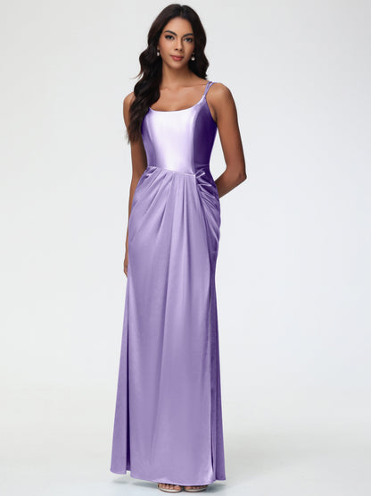 Tahiti Bridesmaid Dresses Chic Stretch Satin Sheath/Column Spaghetti Straps Bridesmaid Dress With Slit