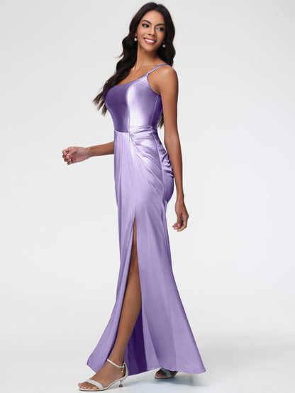 Tahiti Bridesmaid Dresses Chic Stretch Satin Sheath/Column Spaghetti Straps Bridesmaid Dress With Slit