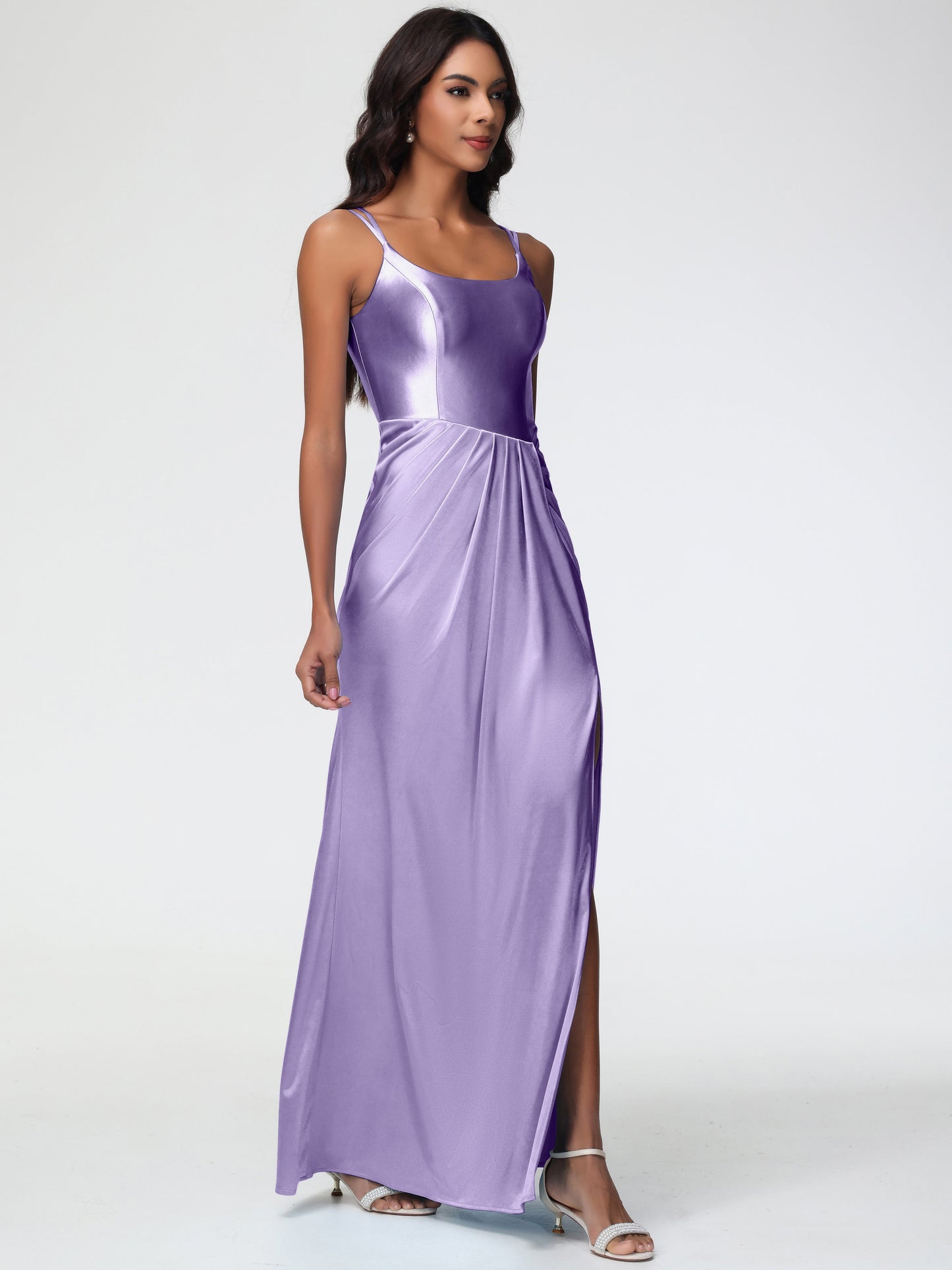 Tahiti Bridesmaid Dresses Chic Stretch Satin Sheath/Column Spaghetti Straps Bridesmaid Dress With Slit