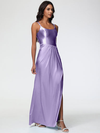 Tahiti Bridesmaid Dresses Chic Stretch Satin Sheath/Column Spaghetti Straps Bridesmaid Dress With Slit