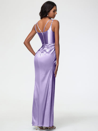 Tahiti Bridesmaid Dresses Chic Stretch Satin Sheath/Column Spaghetti Straps Bridesmaid Dress With Slit