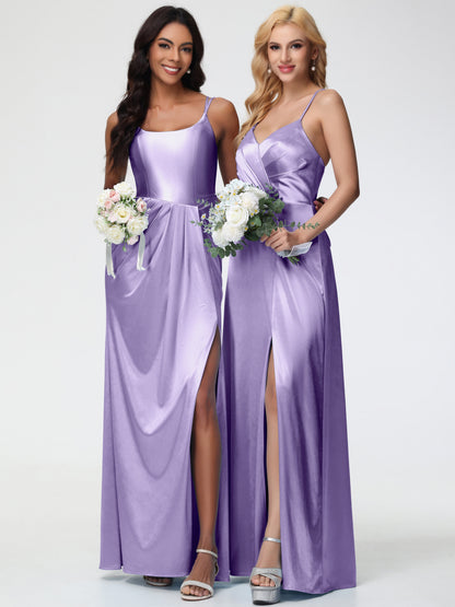 Tahiti Bridesmaid Dresses Chic Stretch Satin Sheath/Column Spaghetti Straps Bridesmaid Dress With Slit