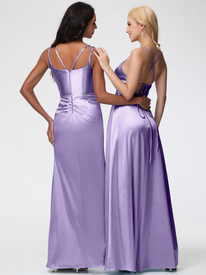 Tahiti Bridesmaid Dresses Chic Stretch Satin Sheath/Column Spaghetti Straps Bridesmaid Dress With Slit