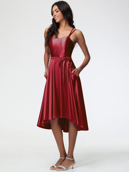 Burgundy Bridesmaid Dresses A Line High Low Spaghetti Straps Stretch Satin Bridesmaid Dress