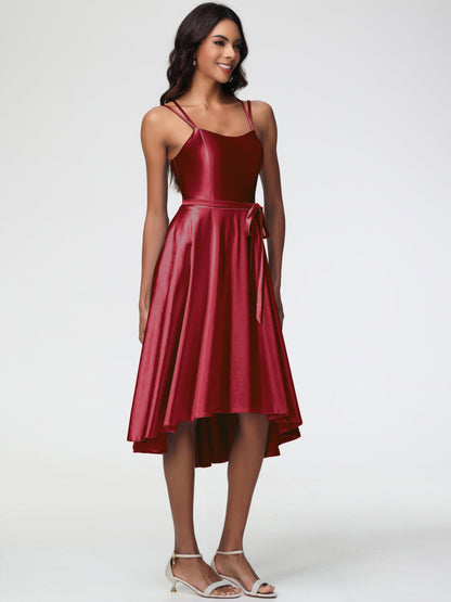 Burgundy Bridesmaid Dresses A Line High Low Spaghetti Straps Stretch Satin Bridesmaid Dress