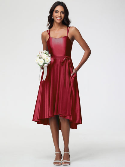 Burgundy Bridesmaid Dresses A Line High Low Spaghetti Straps Stretch Satin Bridesmaid Dress