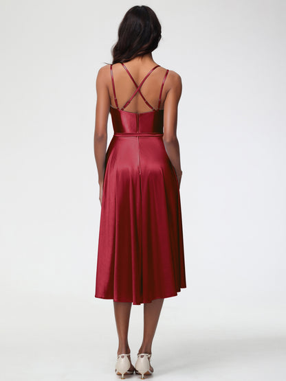 Burgundy Bridesmaid Dresses A Line High Low Spaghetti Straps Stretch Satin Bridesmaid Dress