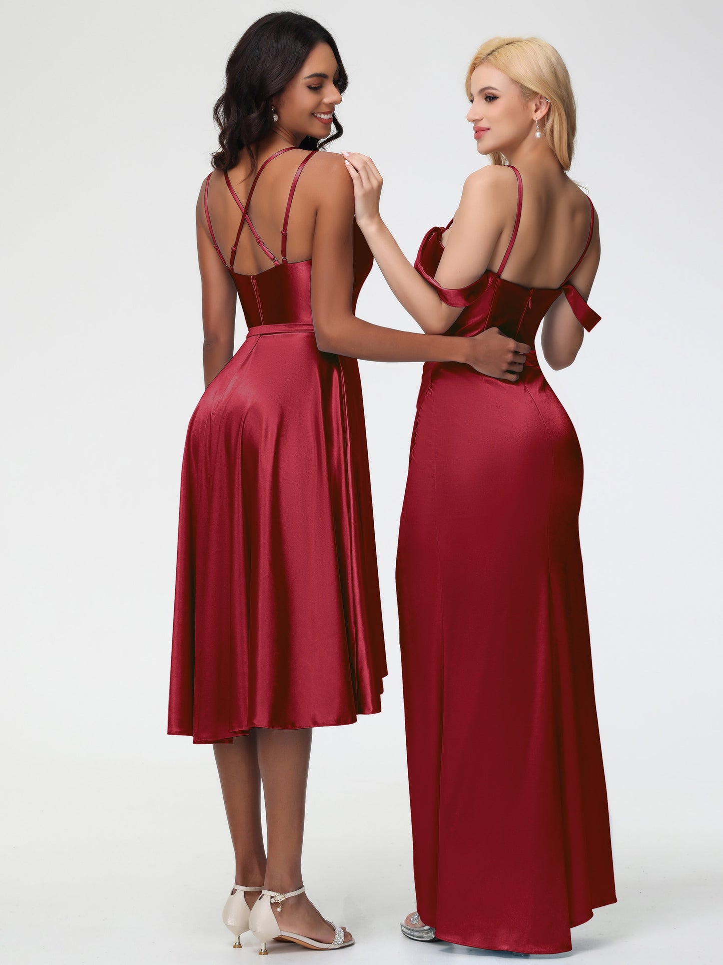 Burgundy Bridesmaid Dresses A Line High Low Spaghetti Straps Stretch Satin Bridesmaid Dress