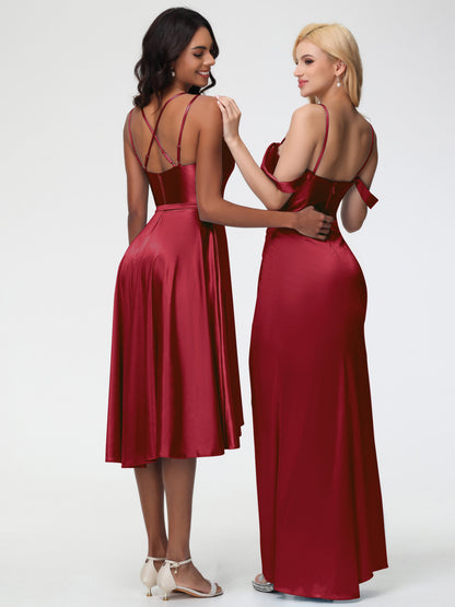 Burgundy Bridesmaid Dresses A Line High Low Spaghetti Straps Stretch Satin Bridesmaid Dress