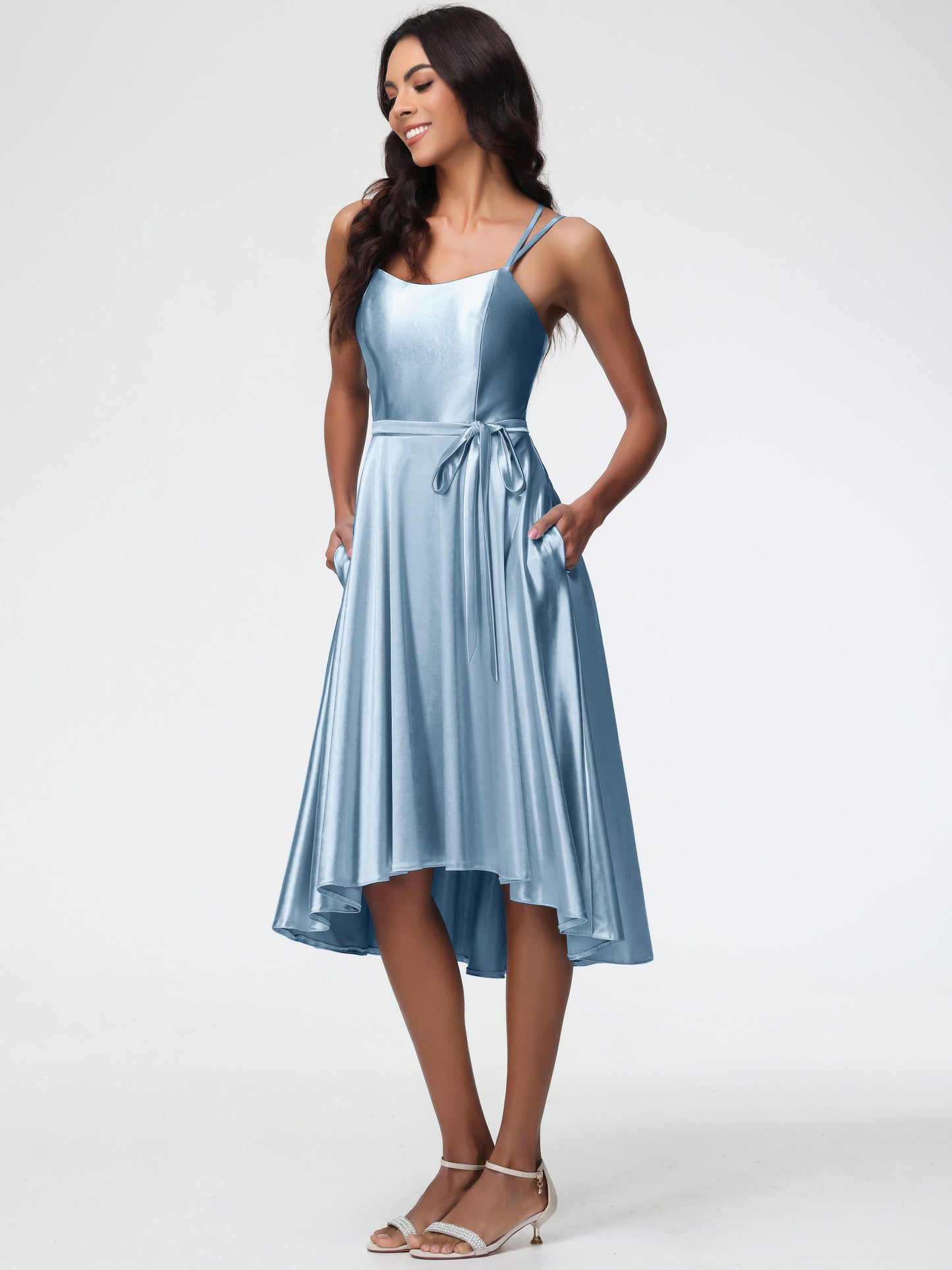 Dusty Blue Halter Bridesmaid Dress A Line High Low Spaghetti Straps Stretch Satin Bridesmaid Dress