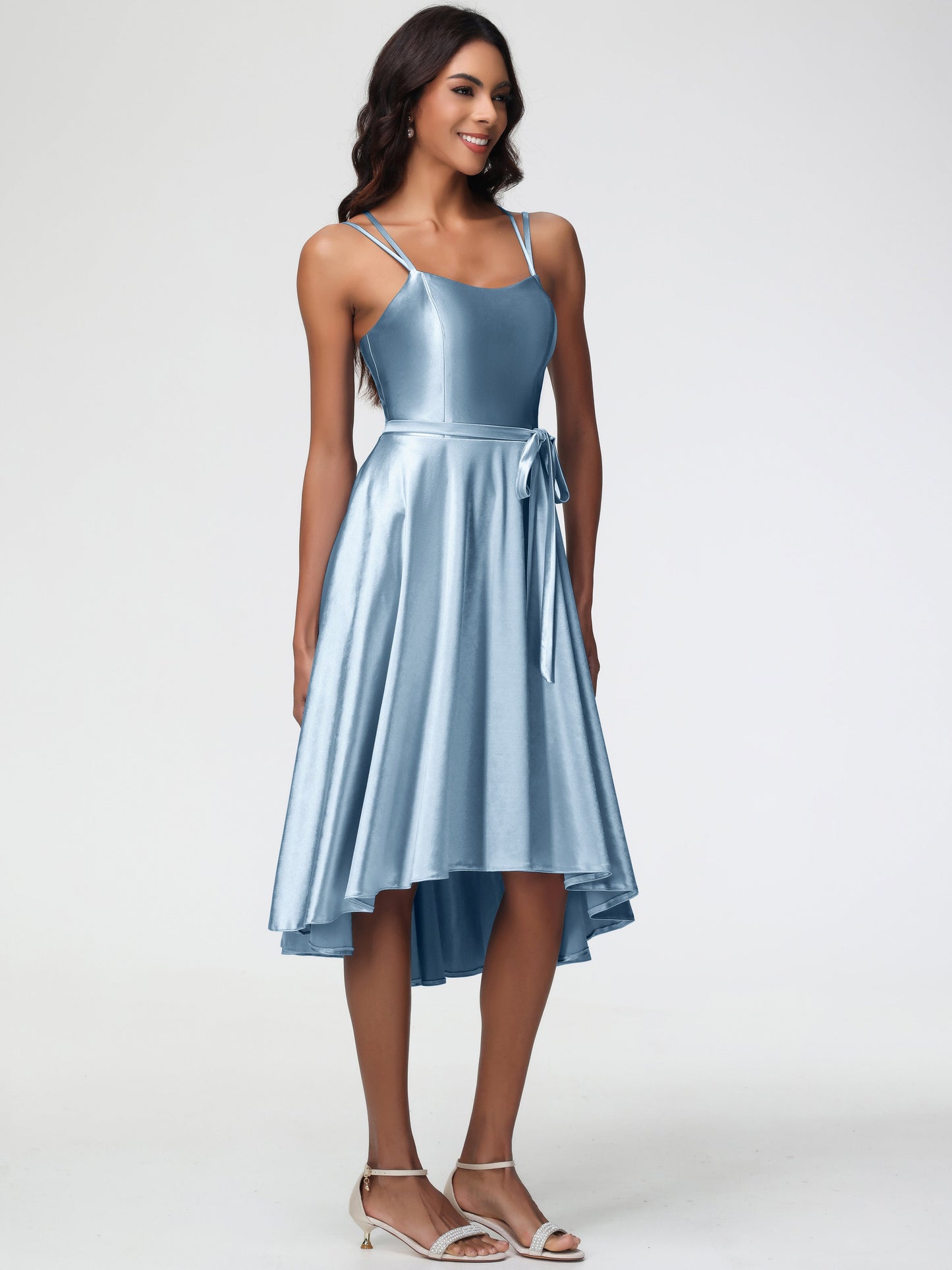 Dusty Blue Halter Bridesmaid Dress A Line High Low Spaghetti Straps Stretch Satin Bridesmaid Dress