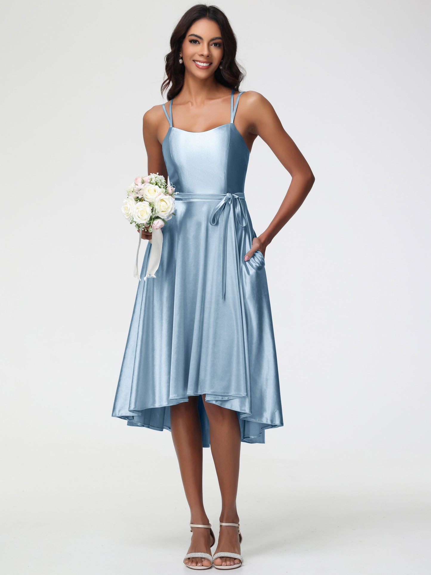 Dusty Blue Halter Bridesmaid Dress A Line High Low Spaghetti Straps Stretch Satin Bridesmaid Dress