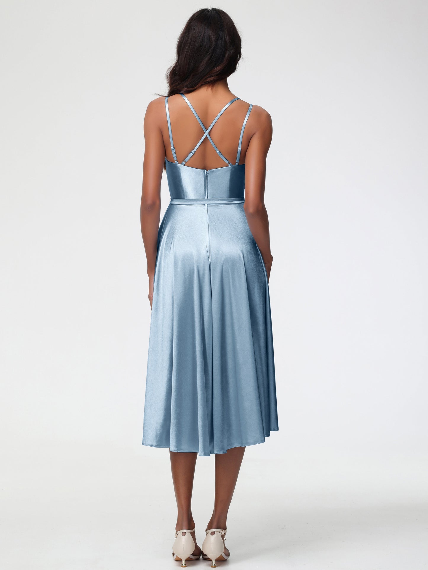 Dusty Blue Halter Bridesmaid Dress A Line High Low Spaghetti Straps Stretch Satin Bridesmaid Dress