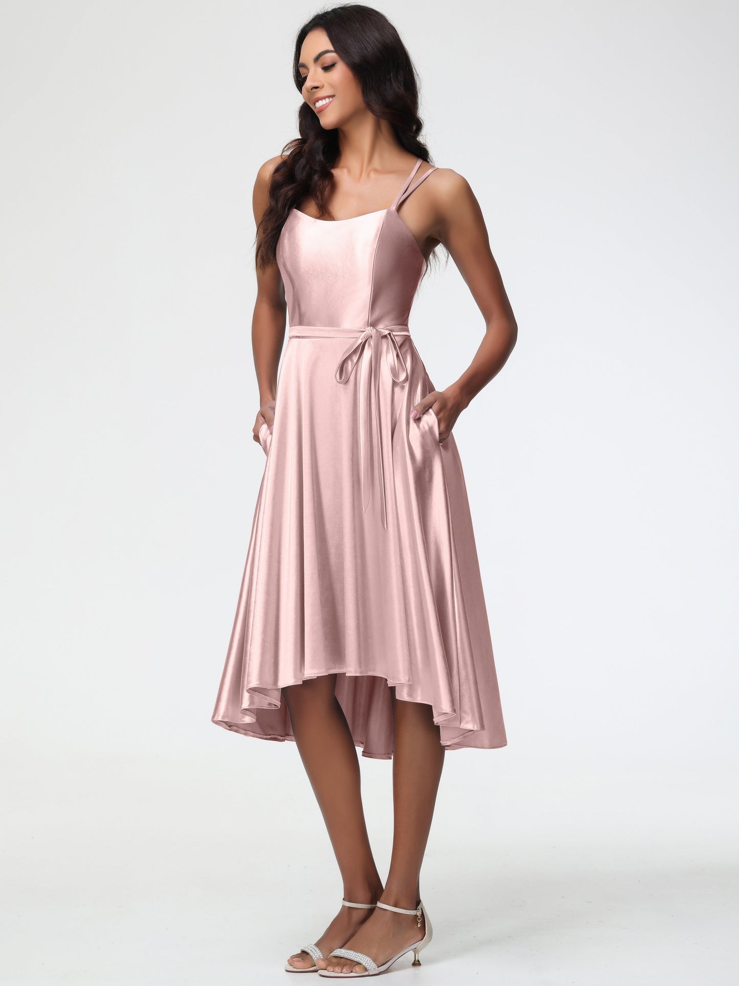 Dusty Rose Bridesmaid A Line High Low Spaghetti Straps Stretch Satin Bridesmaid Dress