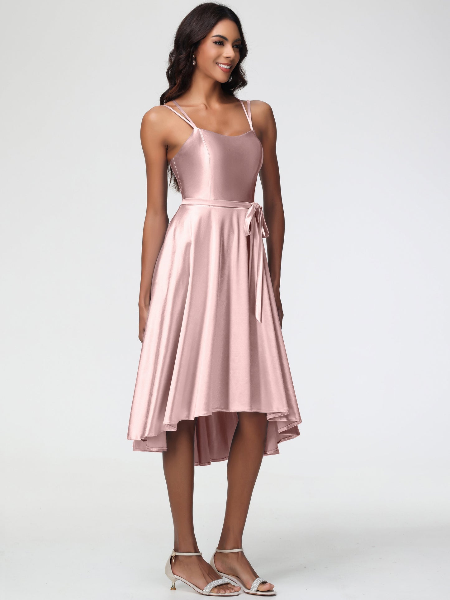 Dusty Rose Bridesmaid A Line High Low Spaghetti Straps Stretch Satin Bridesmaid Dress