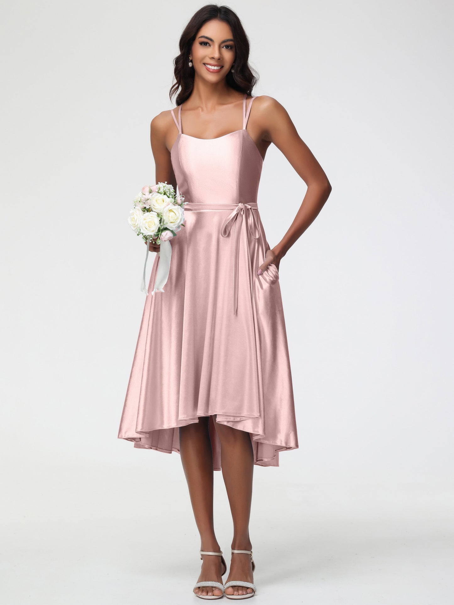 Dusty Rose Bridesmaid A Line High Low Spaghetti Straps Stretch Satin Bridesmaid Dress