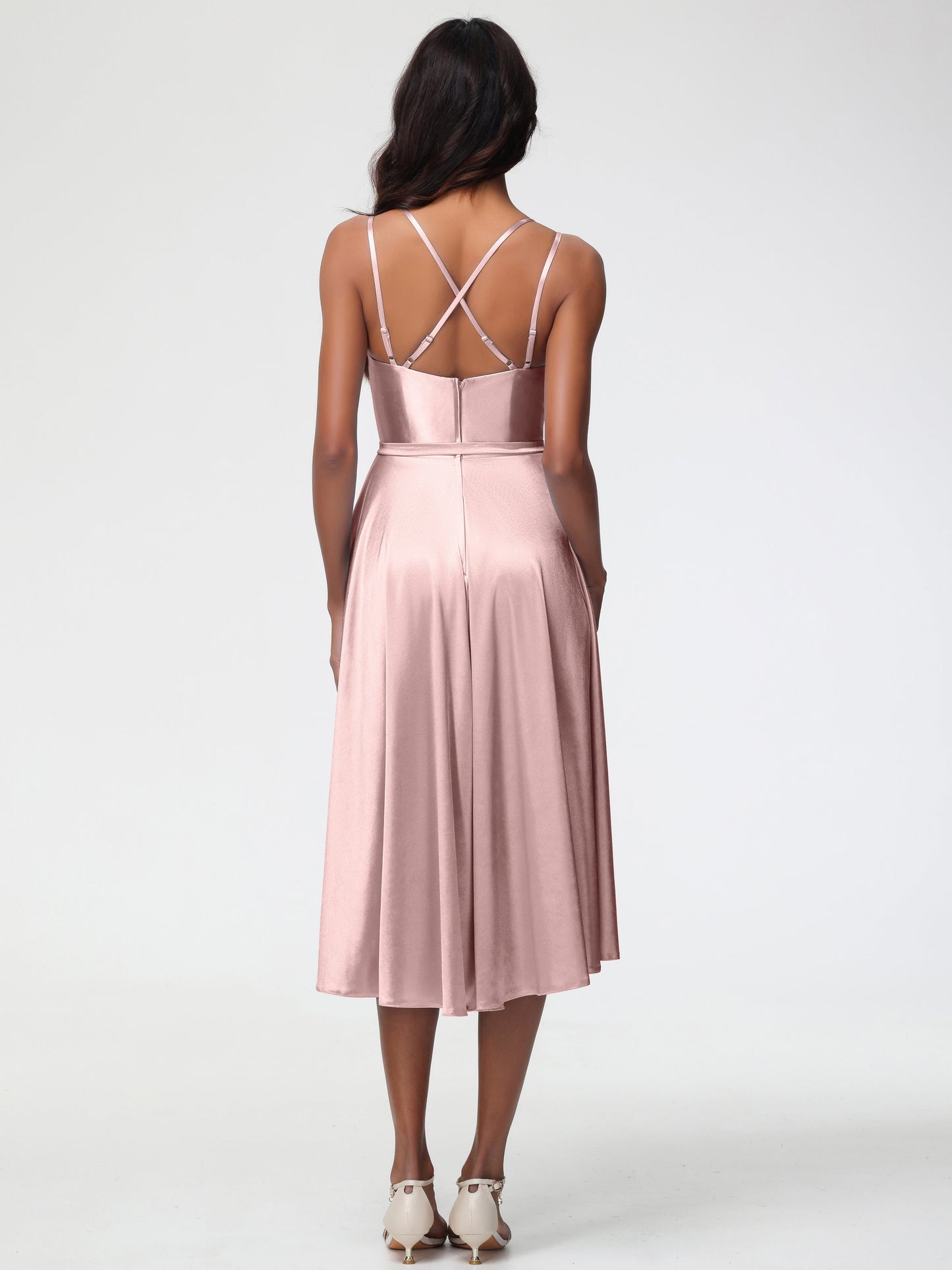 Dusty Rose Bridesmaid A Line High Low Spaghetti Straps Stretch Satin Bridesmaid Dress