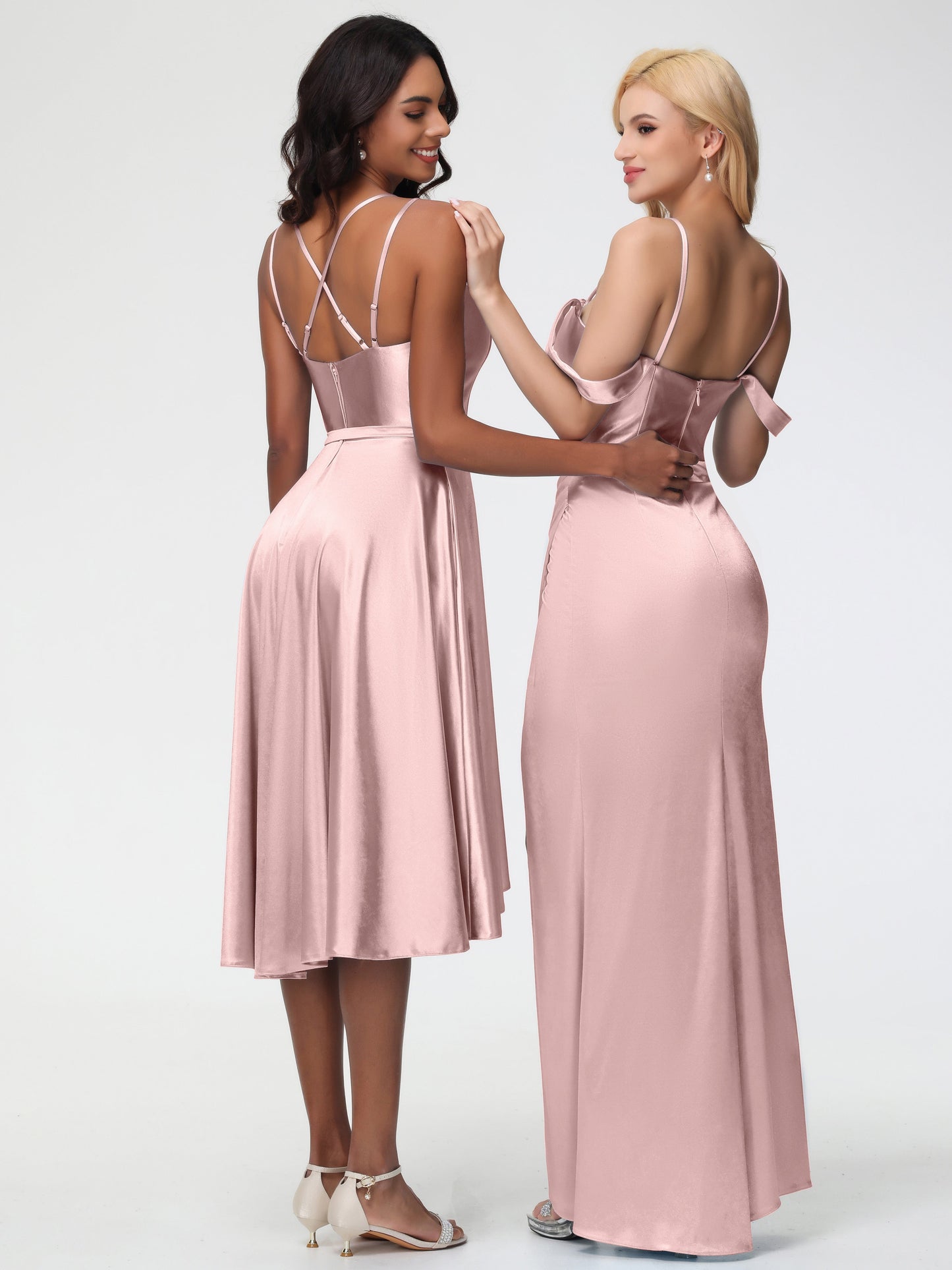 Dusty Rose Bridesmaid A Line High Low Spaghetti Straps Stretch Satin Bridesmaid Dress