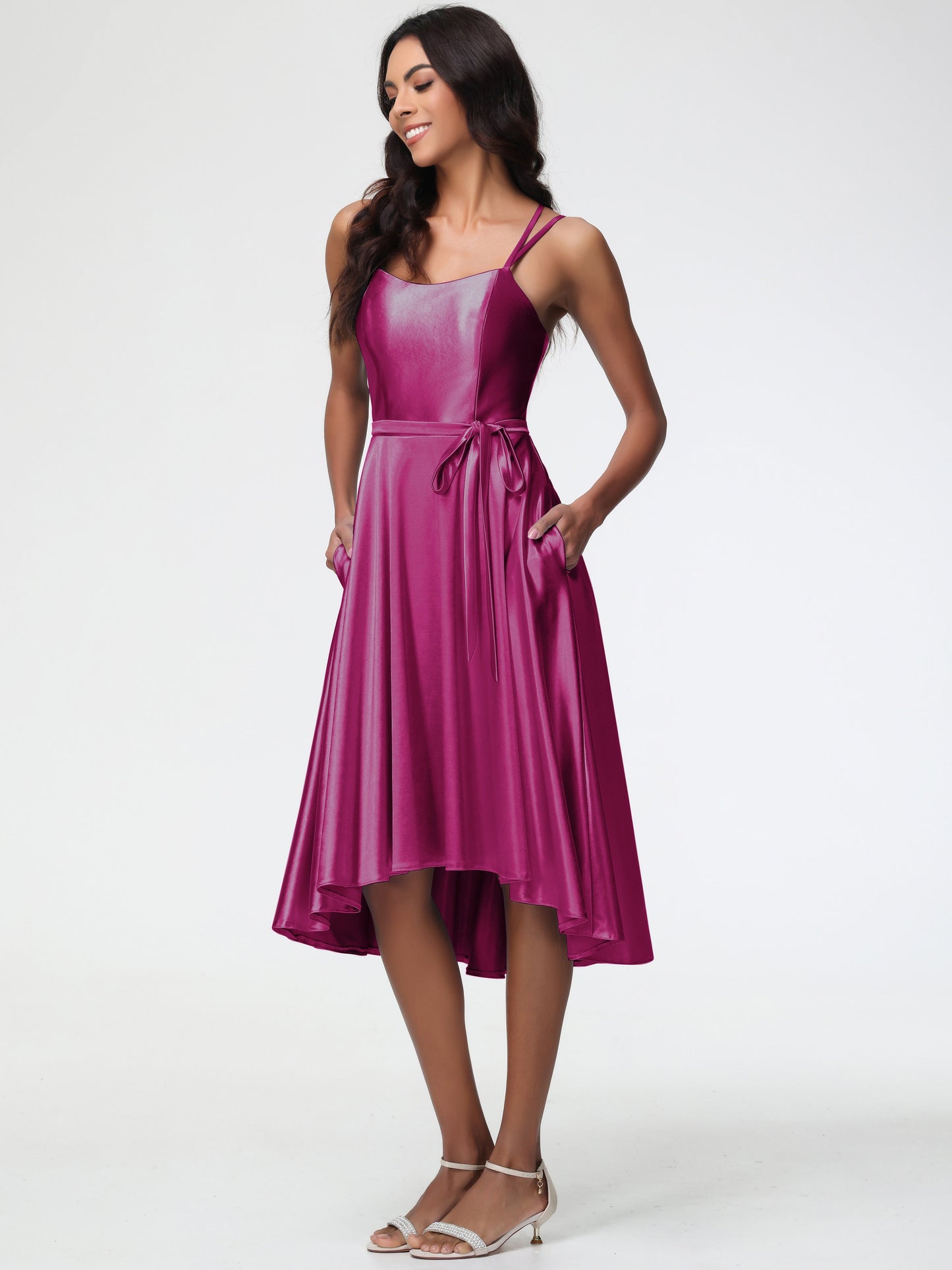 Fuchsia Color Bridesmaid Dress A Line High Low Spaghetti Straps Stretch Satin Bridesmaid Dress