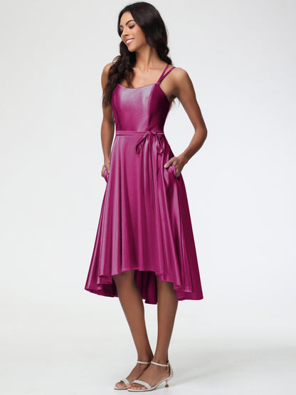 Fuchsia Color Bridesmaid Dress A Line High Low Spaghetti Straps Stretch Satin Bridesmaid Dress