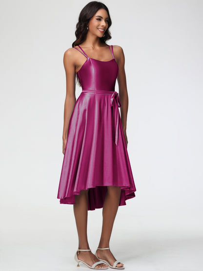Fuchsia Color Bridesmaid Dress A Line High Low Spaghetti Straps Stretch Satin Bridesmaid Dress