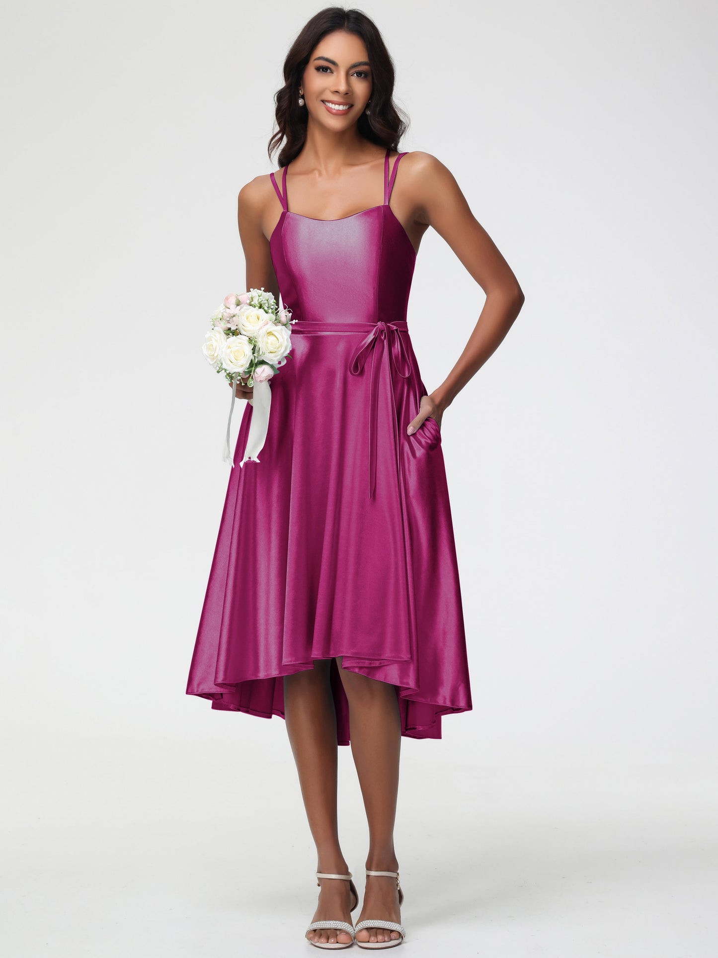 Fuchsia Color Bridesmaid Dress A Line High Low Spaghetti Straps Stretch Satin Bridesmaid Dress