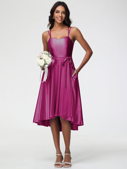 Fuchsia Color Bridesmaid Dress A Line High Low Spaghetti Straps Stretch Satin Bridesmaid Dress