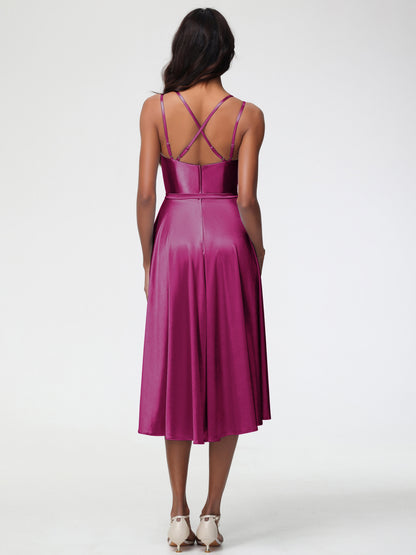 Fuchsia Color Bridesmaid Dress A Line High Low Spaghetti Straps Stretch Satin Bridesmaid Dress