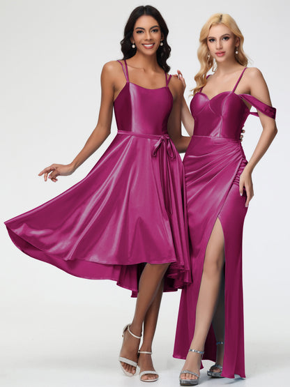 Fuchsia Color Bridesmaid Dress A Line High Low Spaghetti Straps Stretch Satin Bridesmaid Dress