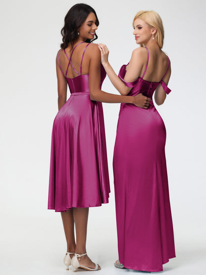 Fuchsia Color Bridesmaid Dress A Line High Low Spaghetti Straps Stretch Satin Bridesmaid Dress