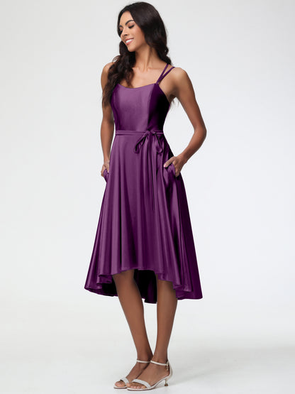 Grape Colour Bridesmaid Dresses A Line High Low Spaghetti Straps Stretch Satin Bridesmaid Dress