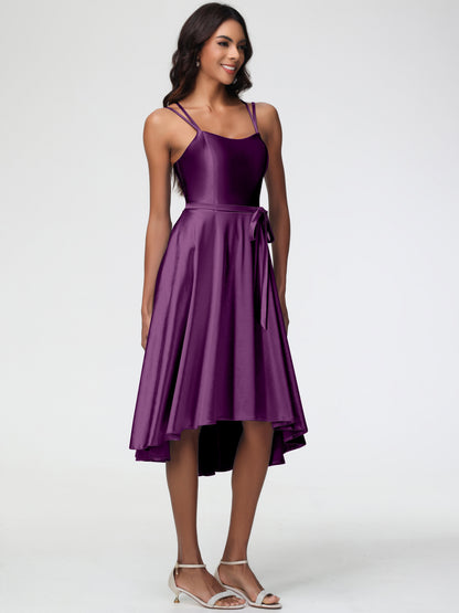 Grape Colour Bridesmaid Dresses A Line High Low Spaghetti Straps Stretch Satin Bridesmaid Dress