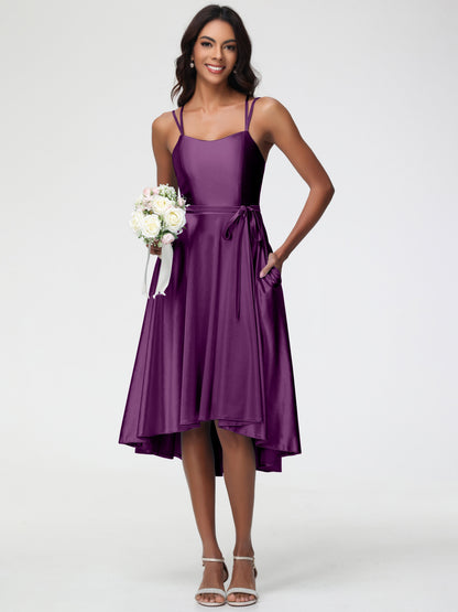 Grape Colour Bridesmaid Dresses A Line High Low Spaghetti Straps Stretch Satin Bridesmaid Dress