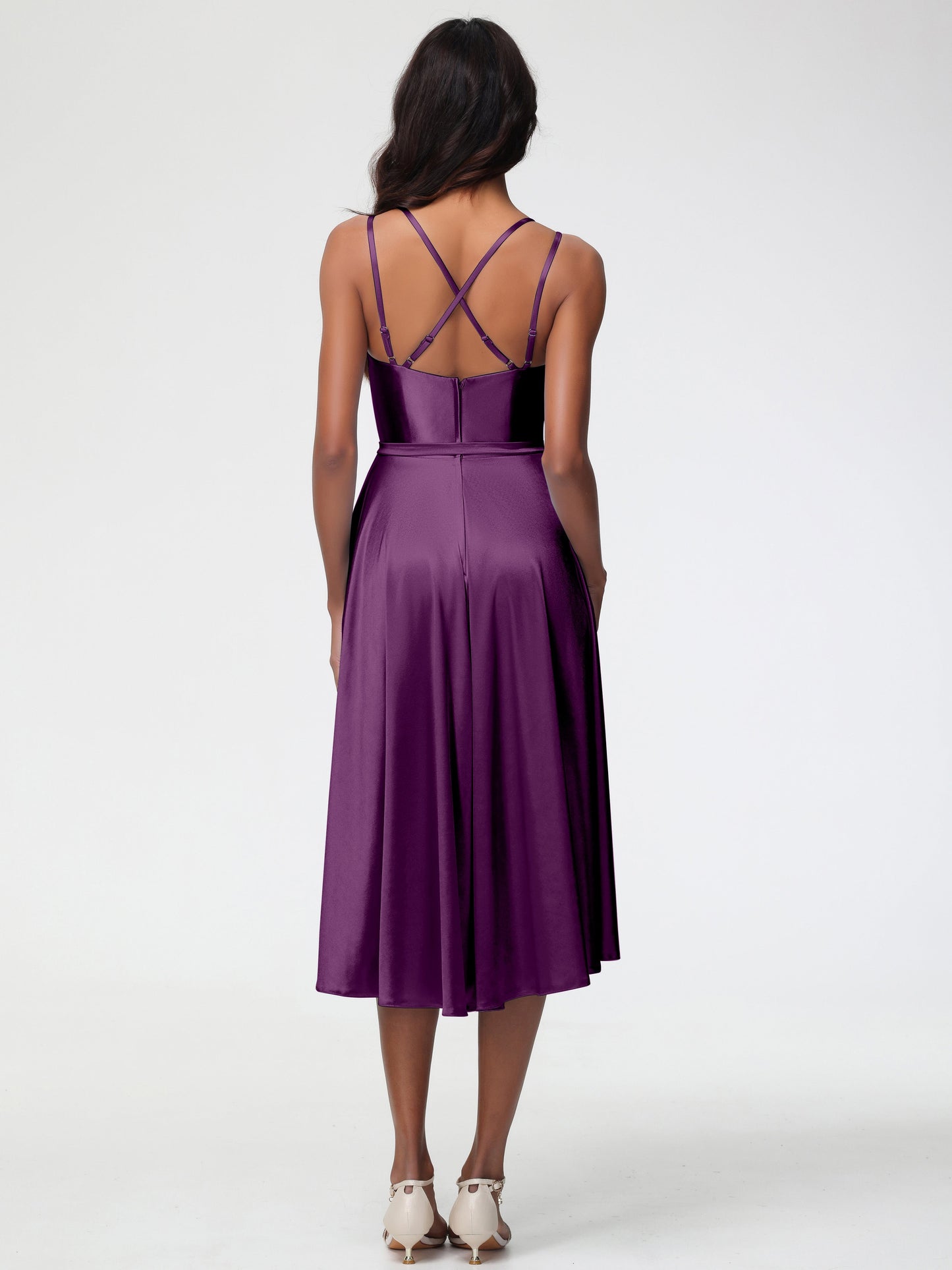 Grape Colour Bridesmaid Dresses A Line High Low Spaghetti Straps Stretch Satin Bridesmaid Dress