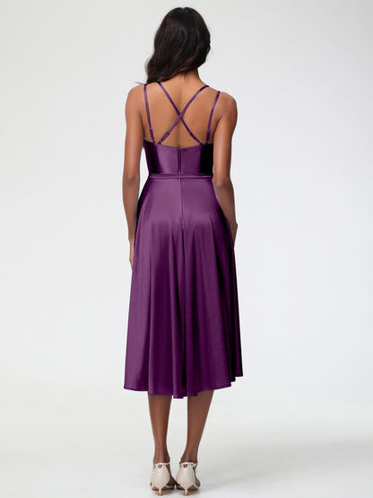 Grape Colour Bridesmaid Dresses A Line High Low Spaghetti Straps Stretch Satin Bridesmaid Dress