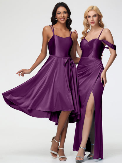 Grape Colour Bridesmaid Dresses A Line High Low Spaghetti Straps Stretch Satin Bridesmaid Dress