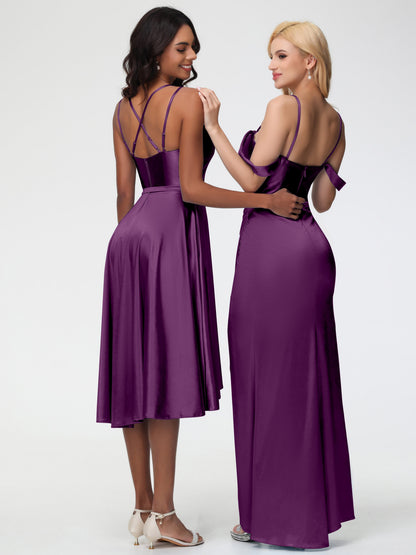 Grape Colour Bridesmaid Dresses A Line High Low Spaghetti Straps Stretch Satin Bridesmaid Dress