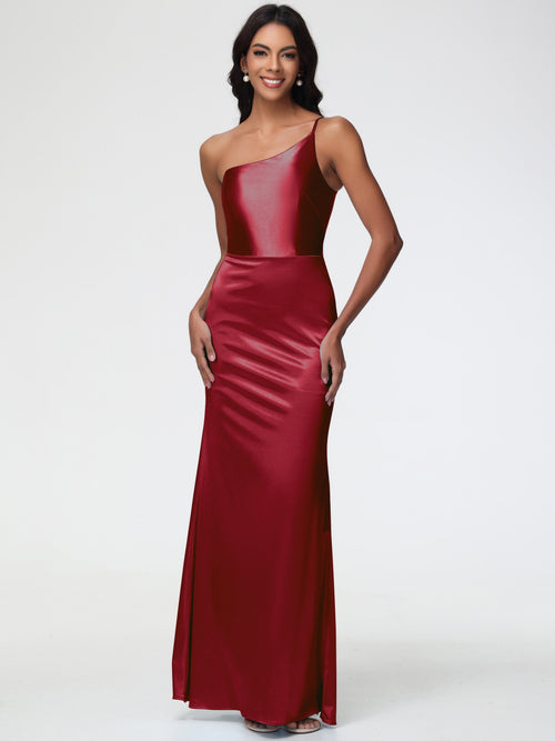 Champagne Bridesmaids One Shoulder Minimalist Sheath/Column Stretch Satin Long Bridesmaid Dress