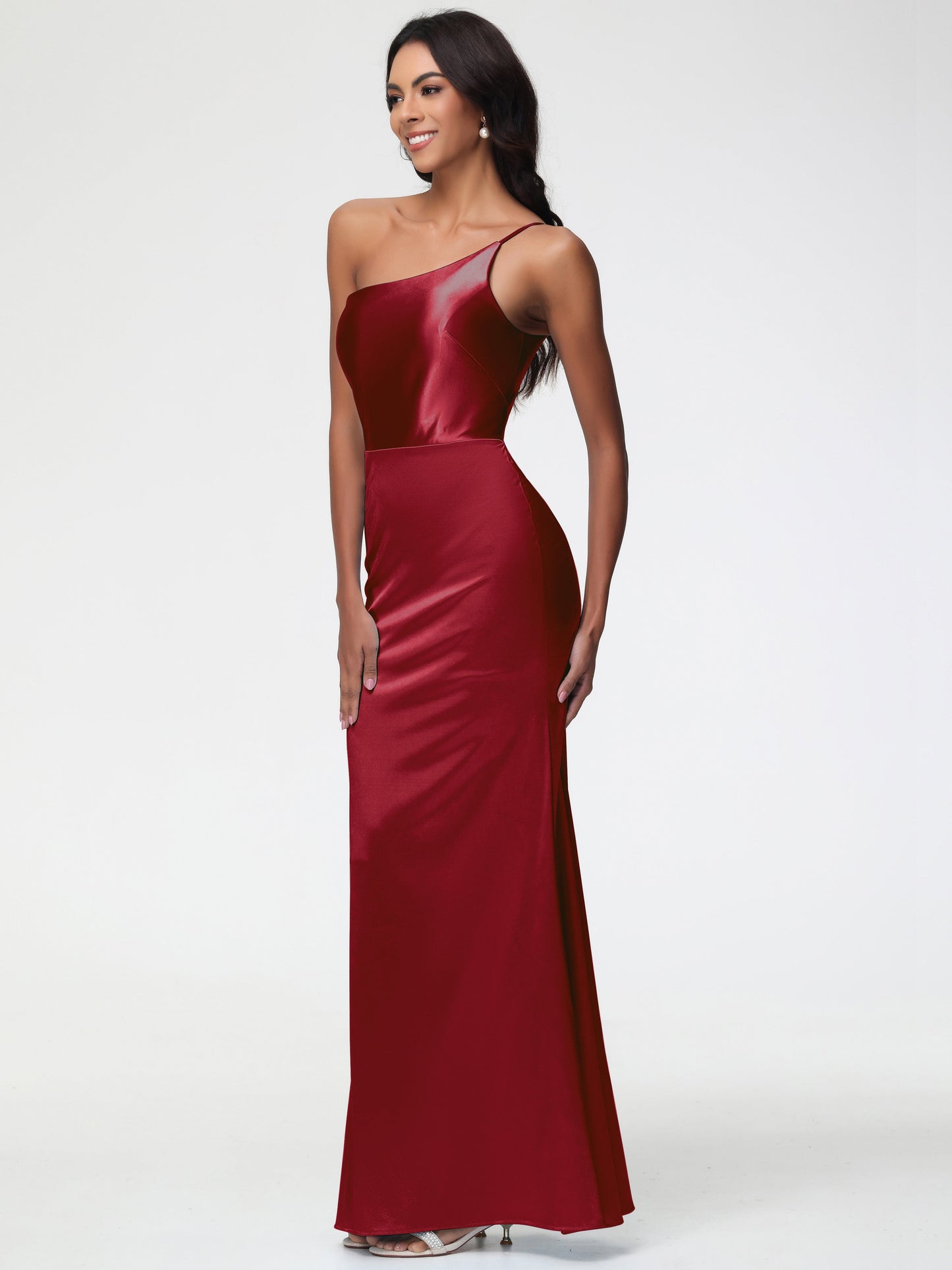 Champagne Bridesmaids One Shoulder Minimalist Sheath/Column Stretch Satin Long Bridesmaid Dress