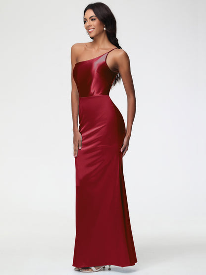Champagne Bridesmaids One Shoulder Minimalist Sheath/Column Stretch Satin Long Bridesmaid Dress