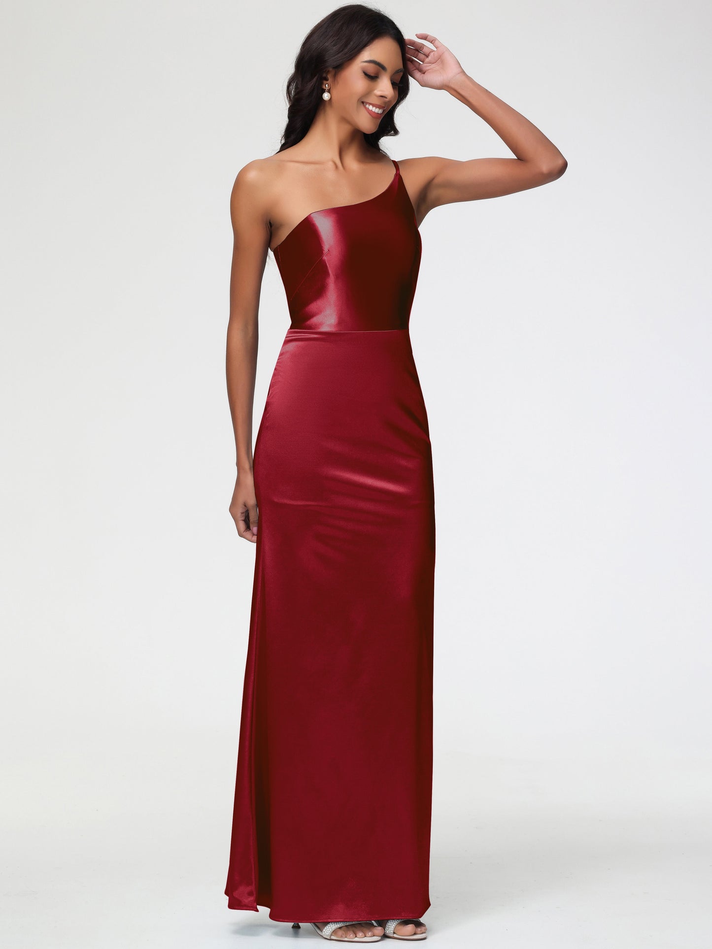 Champagne Bridesmaids One Shoulder Minimalist Sheath/Column Stretch Satin Long Bridesmaid Dress