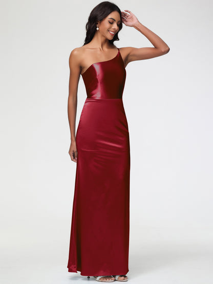 Champagne Bridesmaids One Shoulder Minimalist Sheath/Column Stretch Satin Long Bridesmaid Dress
