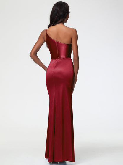 Champagne Bridesmaids One Shoulder Minimalist Sheath/Column Stretch Satin Long Bridesmaid Dress