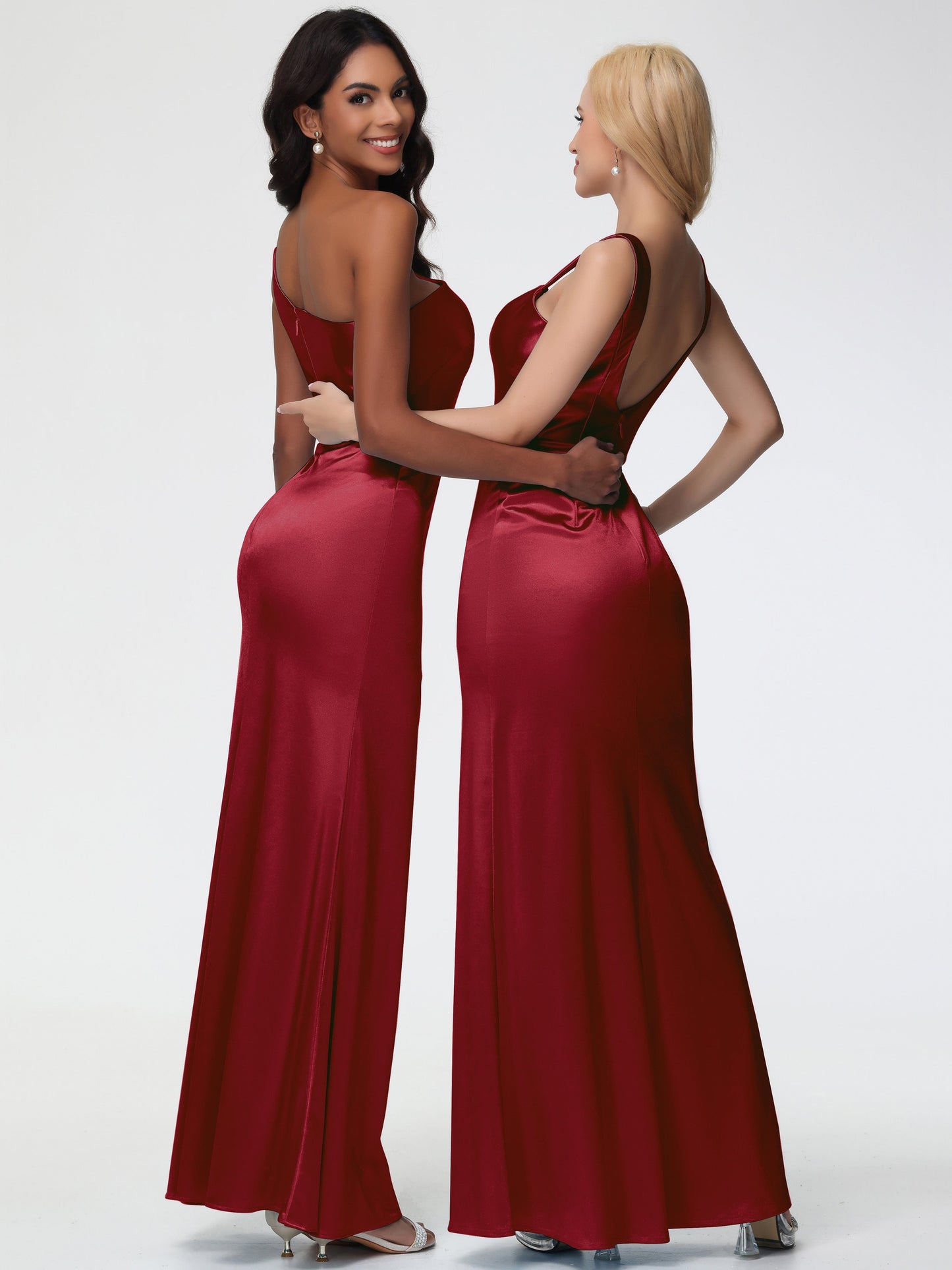 Champagne Bridesmaids One Shoulder Minimalist Sheath/Column Stretch Satin Long Bridesmaid Dress