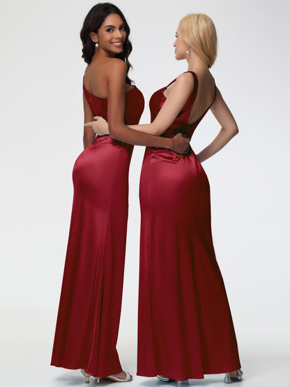 Champagne Bridesmaids One Shoulder Minimalist Sheath/Column Stretch Satin Long Bridesmaid Dress