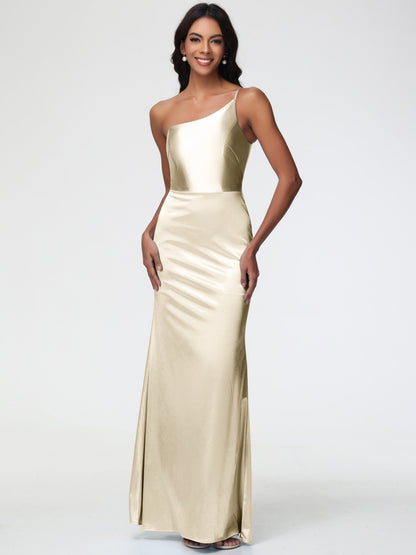 Burgundy Dress Bridesmaids One Shoulder Minimalist Sheath/Column Stretch Satin Long Bridesmaid Dress