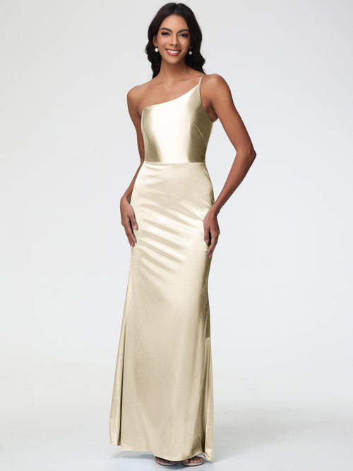 Burgundy Dress Bridesmaids One Shoulder Minimalist Sheath/Column Stretch Satin Long Bridesmaid Dress