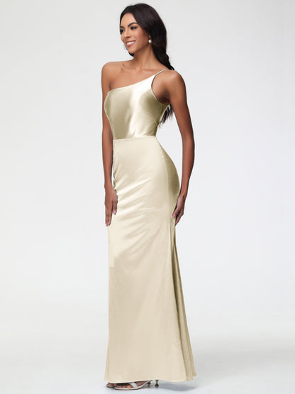 Burgundy Dress Bridesmaids One Shoulder Minimalist Sheath/Column Stretch Satin Long Bridesmaid Dress