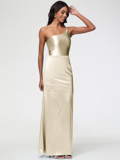Burgundy Dress Bridesmaids One Shoulder Minimalist Sheath/Column Stretch Satin Long Bridesmaid Dress