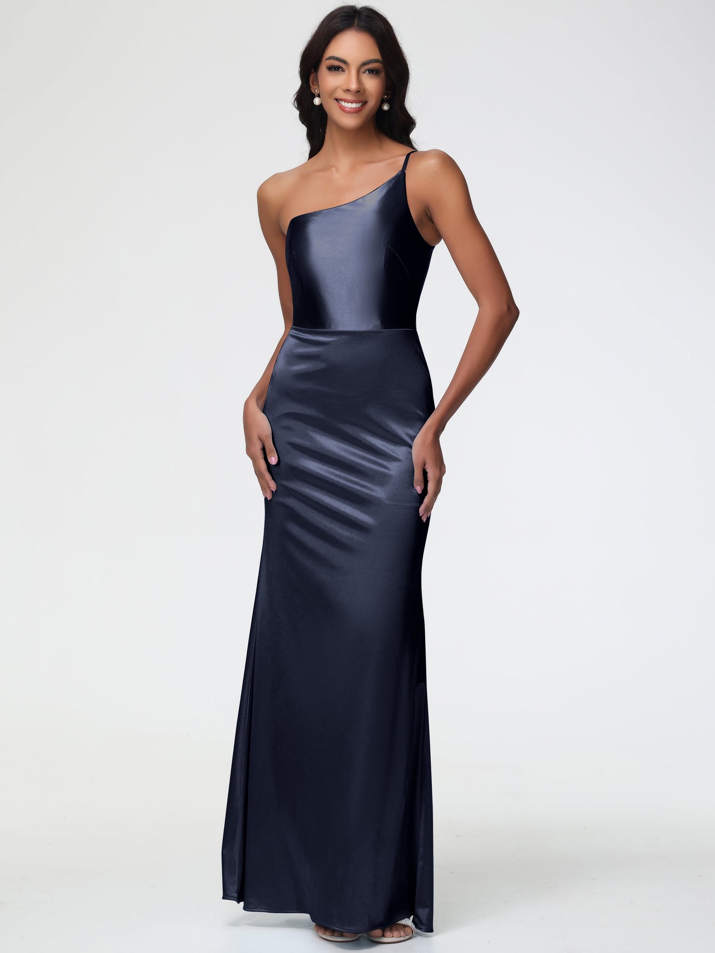 Dark Navy Bridesmaid Dress One Shoulder Minimalist Sheath/Column Stretch Satin Long Bridesmaid Dress